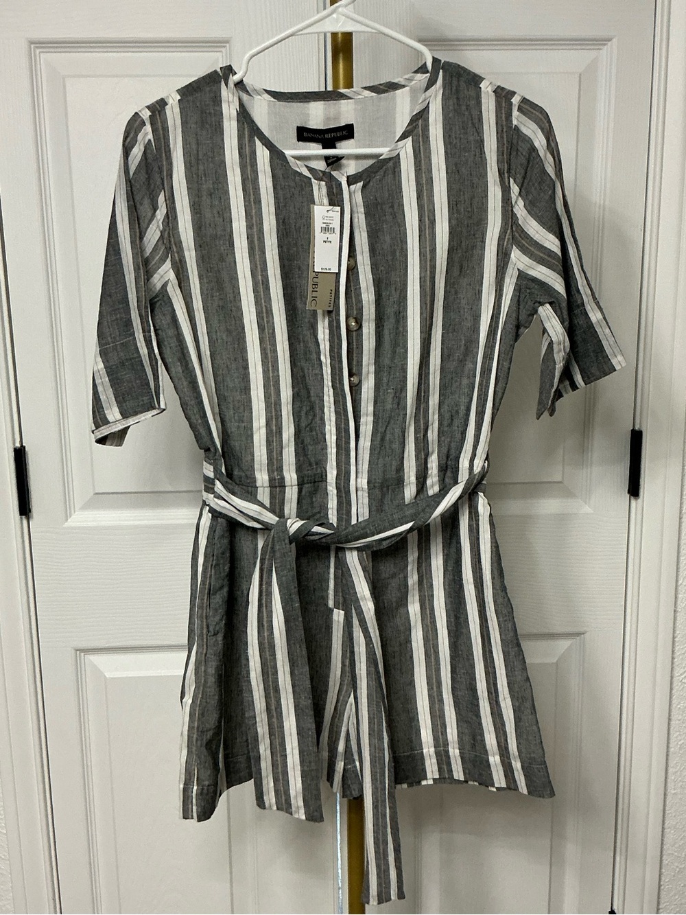 Banana Republic Gray and White Striped Tie-Waist Romper